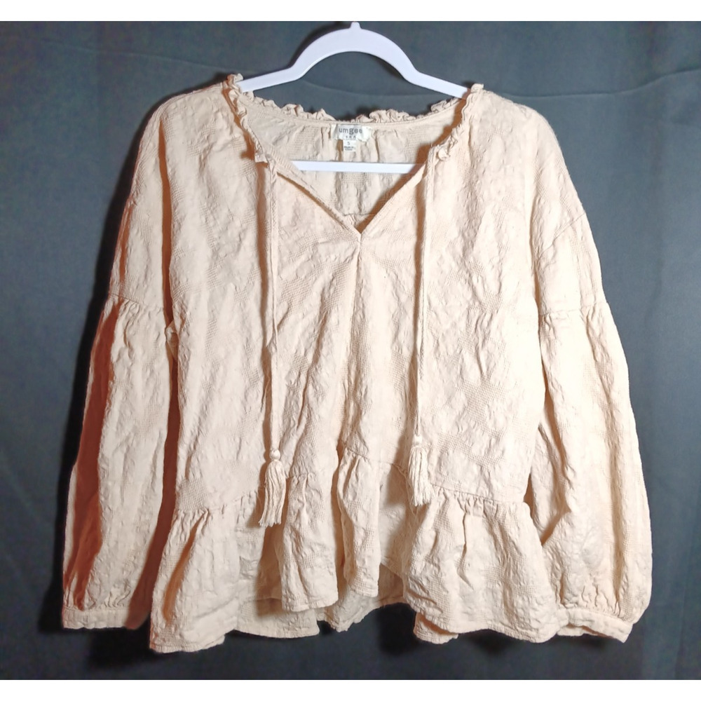 Umgee Small Textured Ruffle Split Neck Long Sleeve Babydoll Top in Warm Sand Tan - Picture 2 of 5